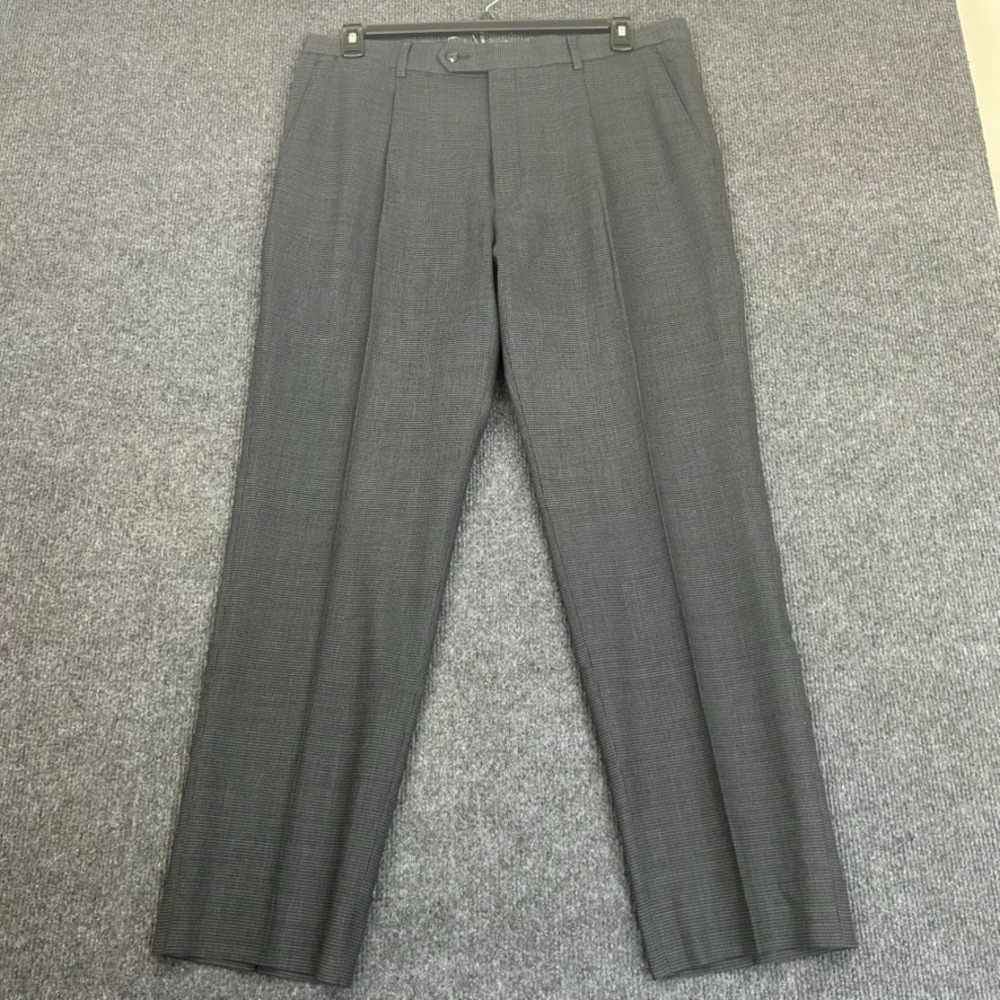 Hart Schaffner Marx Mens Wool Dress Pants Pleated Stretch Grey Mini Check 34X30